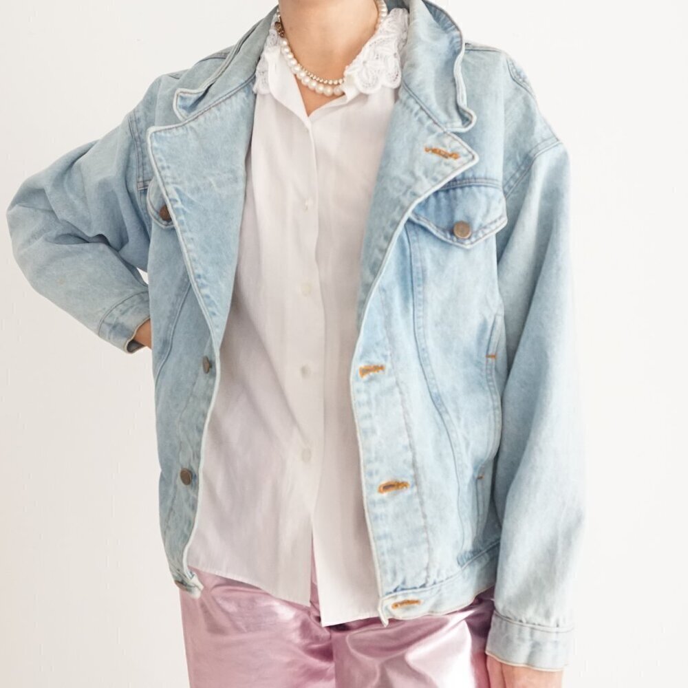 Vintage Ada Paris Light Wash Button Up Blue Denim Bomber Biker Jacket 9-10 M